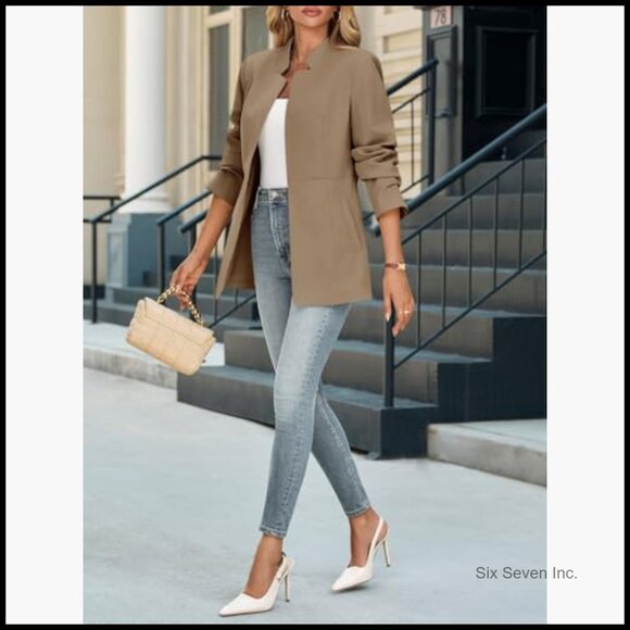 Recycled Polyester Blazer Notch Collar Long Sleeve Business Casual Jacket - Picture 4 of 7